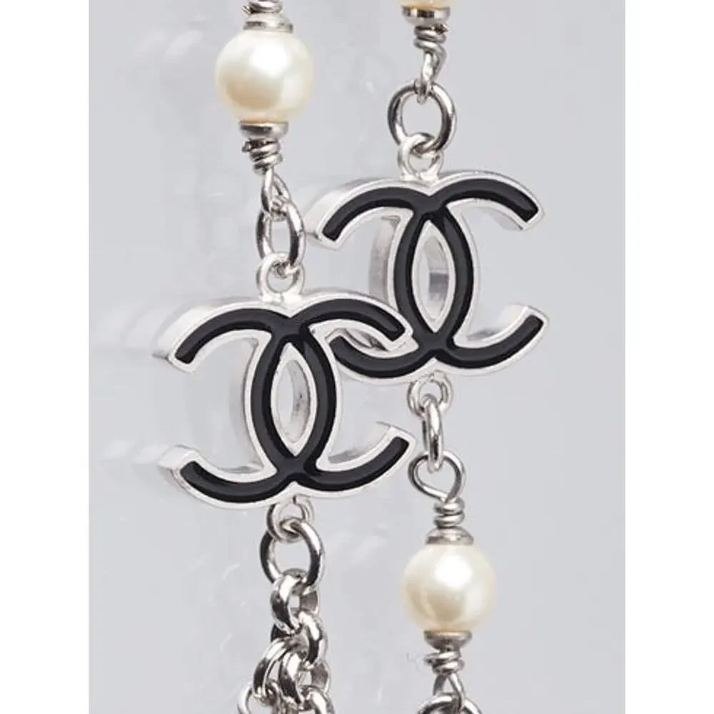 Chanel Silver-tone Beaded Faux Pearl Interlocking CC Long Necklace